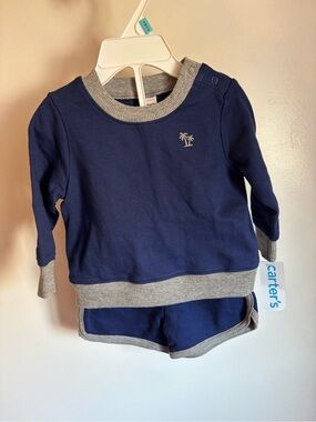 Carter's Navy Top with Gray Trim and Palm Detail